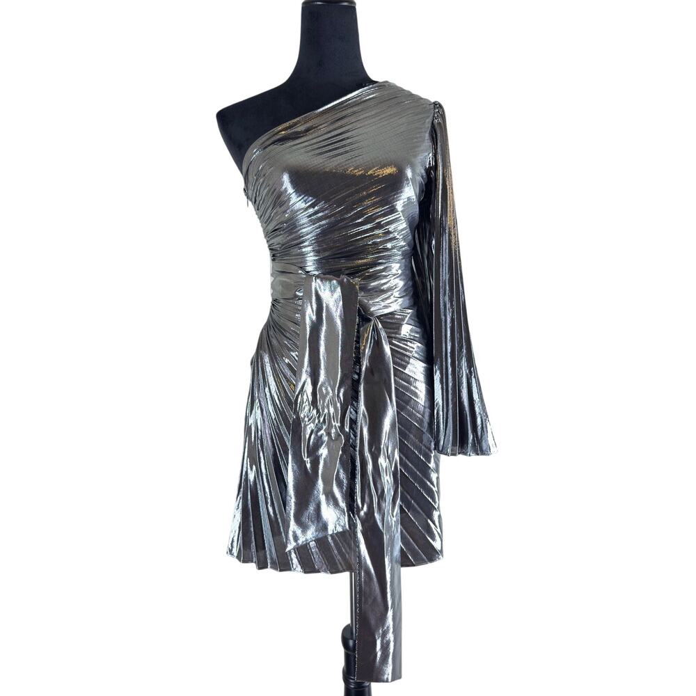 Milly Linden One-Shoulder Lamé Pleated Mini Dress – NWT – Size 2/XS